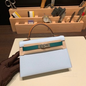 hermes mini kelly 19cm 二代 epsom皮 T0雾霾蓝拼帝王绿拼37金棕 银扣(hermes mini kelly二代价格)