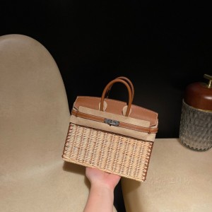 hermes birkin Picnic 25cm swift皮编藤条 野餐包37金棕 银扣(hermes twins bag)