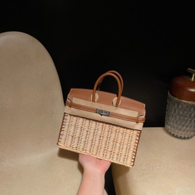 hermes birkin Picnic 25cm <strong>Swift</strong>皮编藤条 野餐包37金棕 银扣(hermes twins bag)