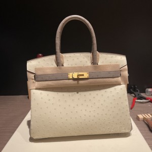 hermes birkin 30cm 铂金包 南非KK鸵鸟皮ostrich 马蹄vip定制款 3C羊毛白拼M8沥青灰 拉丝金扣