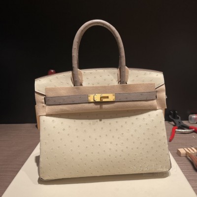 hermes birkin 30cm 铂金包 南非KK鸵鸟皮ostrich 马蹄vip定制款 3C羊毛白拼M8沥青灰 拉丝金扣