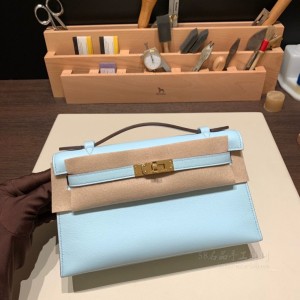 hermes mini kelly Pochette 21cm 一代 swift皮 U2微风蓝 金扣 上身图