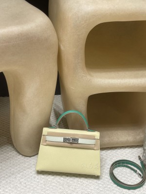 hermes mini kelly 19cm 二代 epsom皮 3拼色 米尔顿黄拼0S气泡绿拼帝王绿 银扣