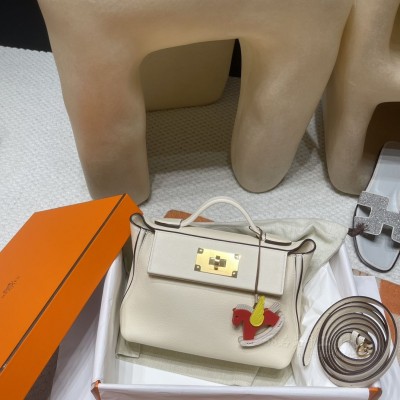 hermes kelly 2424 mini <strong>Evercolor</strong>皮拼swift皮 i2奶油白 金扣(hermes plume)