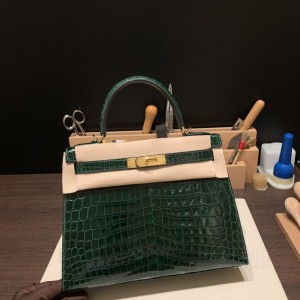 hermes kelly 28cm 凯莉包 尼罗鳄鱼皮nilo crocodile shiny亮面 67祖母绿 金(爱马仕kelly鳄鱼包)