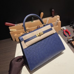 hermes kelly 25cm 凯莉包 南非KK鸵鸟皮ostrich 73宝石蓝 金扣(hermes 凯莉包价格)