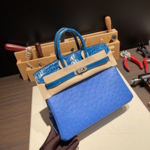 hermes birkin Touch 25cm togo皮拼美洲鳄鱼 T7水妖蓝拼7w 伊兹密尔蓝 银扣(爱马仕birkin鳄鱼皮蓝色)