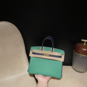 hermes birkin 25cm 铂金包 epsom皮 1K竹子绿拼73宝石蓝 金扣(爱马仕拼色铂金包25)