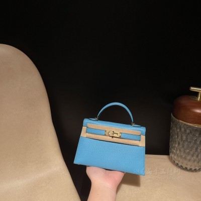 hermes mini kelly 19cm 二代 山羊皮Chevre p3北方蓝内拼2Q英国绿 金扣(hermes <strong>Evercolor</strong>皮)