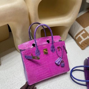 hermes birkin 30cm 铂金包 porosus湾鳄鱼皮 shiny亮面 倒V 玉兰粉拼薰衣草紫金扣