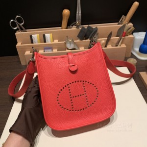 hermes Evelyne mini 16cm 伊芙琳TC Clemence皮 S3心红 银扣(爱马仕伊芙琳最经典的颜色)