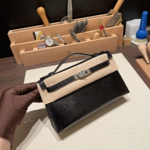 hermes mini kelly Pochette 21cm 一代 lizard蜥蜴皮 89黑色 银(爱马仕蜥蜴皮birkin) 上身图