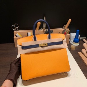 hermes birkin 25cm 铂金包 epsom皮 9V太阳黄拼73宝石蓝 拉丝金扣(hermes铂金包黑金价格)