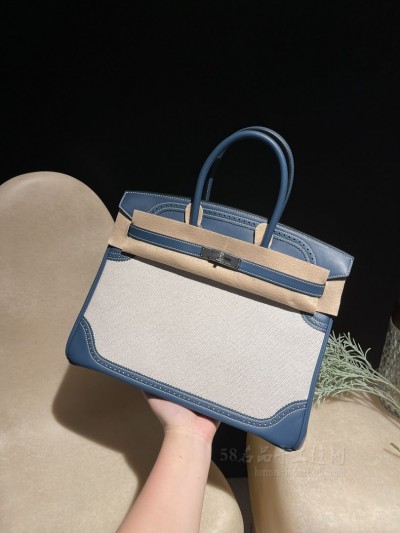hermes birkin 35cm 铂金包 <strong>Swift</strong>皮拼帆布 蕾丝 7P 普鲁士蓝 银扣(hermes铂金包价格)