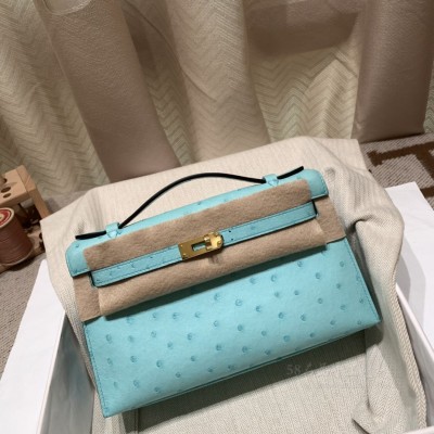 hermes mini kelly Pochette 21cm 一代 南非KK鸵鸟皮ostrich 3P马卡龙蓝 金扣(爱马仕鸵鸟皮kelly宝石蓝什么价) 细节图
