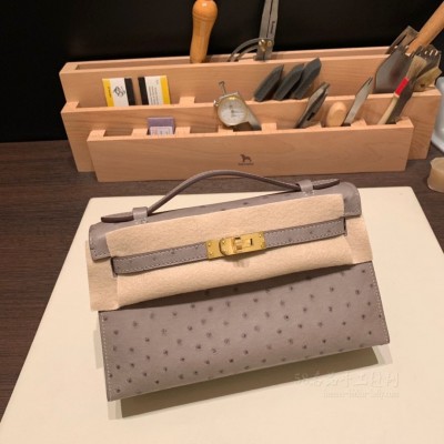 hermes mini kelly Pochette 21cm 一代 南非KK鸵鸟皮ostrich M8沥青灰 金扣(爱马仕minikelly鸵鸟皮) 尺寸