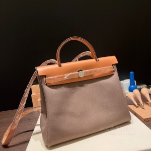 hermes herbag 31cm 帆布包 内缝 18大象灰拼金棕(爱马仕大象灰18金扣)