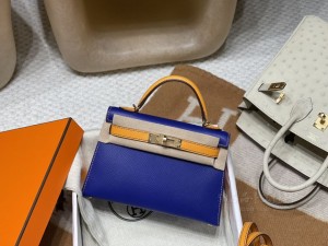 hermes mini kelly 19cm 二代 epsom皮 7T电光蓝93橙色 金扣(爱马仕birkin 电光蓝)