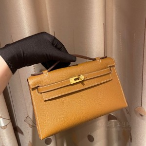 hermes mini kelly Pochette 21cm 一代 epsom皮 Gold 37金棕 金扣 细节图