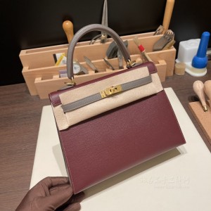 hermes kelly 25cm 凯莉包 epsom皮 拼色 57波尔多酒红色拼灰色8F(爱马仕凯莉包25和28哪个好)