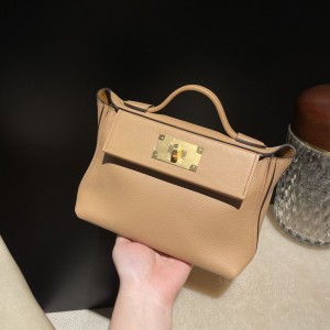 hermes kelly 2424 mini evercolor皮拼swift皮 0M玛萨拉茶色内拼37金棕