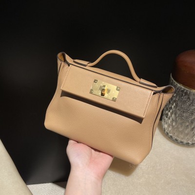 hermes kelly 2424 mini <strong>Evercolor</strong>皮拼swift皮 0M玛萨拉茶色内拼37金棕