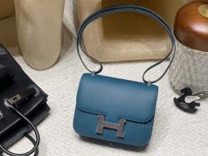 hermes Constance 19cm 康康 空姐包 epsom皮 7P普鲁士蓝内拼玛瑙蓝 银扣(hermes 康康价格)