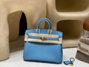 hermes birkin 25cm 铂金包 togo皮 7B 松石蓝 金扣(爱马仕铂金包金扣好还是银扣好)