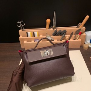 hermes kelly 2424 mini evercolor皮拼swift皮 0G马鞍红内拼0D玫瑰墨西哥粉 银扣