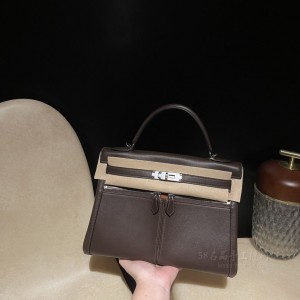 hermes kelly lakis 32cm swift皮 46乌木色内拼37金棕 银扣(hermes puzzle) 细节图