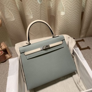 hermes kelly 25cm 凯莉包 epsom皮 拼色 4Z海鸥灰拼10奶昔白 拉丝银扣