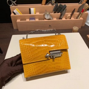 hermes verrou mini 17cm 插销手枪包 Alligator美洲鳄鱼皮 亮面方块 9D 琥珀黄 银扣