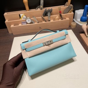 hermes mini kelly Pochette 21cm 一代 swift皮 3P马卡龙蓝 银扣(爱马仕maillon) 细节图