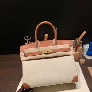 hermes birkin 30cm 铂金包 swift皮拼帆布 37金棕 金扣(hermes铂金包黑金价格)