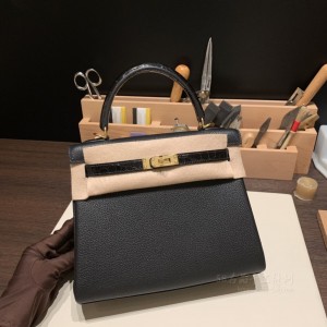 hermes kelly Touch 25凯莉 togo皮拼鳄鱼 89黑色金扣 价格