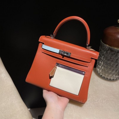 hermes kelly Colormatic 25cm <strong>Swift</strong>皮 限定六拼色 6C 南瓜色 银扣(hermes puzzle) 上身图