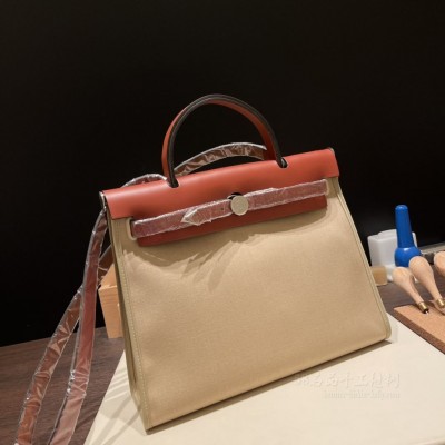 hermes herbag 31cm 帆布包 外缝 S2风衣灰拼红棕