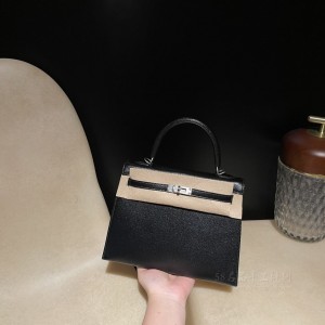 hermes kelly 25cm 凯莉包 山羊皮Chevre 89黑色内拼Q5中国红 磨砂银扣