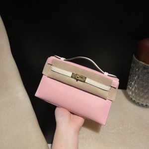 hermes mini kelly Pochette 21cm 一代 swift皮 3Q粉拼 10奶昔白 图片