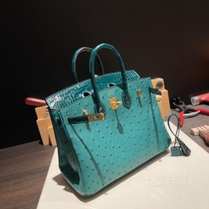 hermes birkin Touch 25cm 鸵鸟皮ostrich拼美洲鳄鱼 MalachiteZ6孔雀绿Vert Emeraude翡翠绿