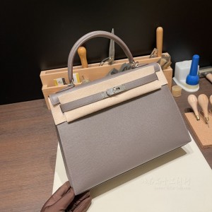 hermes kelly 32cm 凯莉包 epsom皮 外缝 8F锡器灰Etain 银扣(爱马仕凯莉包内缝和外缝的区别)