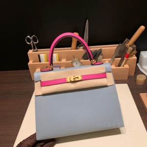 hermes kelly 25cm 凯莉包 epsom皮 拼色 J7亚麻蓝拼9I玉兰粉 金扣