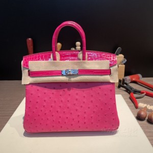 hermes birkin Touch 25cm 鸵鸟皮ostrich拼美洲鳄鱼 E5 Rose Tyrien 糖果粉拼5J桃红色