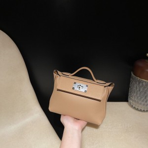 hermes kelly 2424 mini evercolor皮拼swift皮 0M玛萨拉茶色 银扣(hermesparismadeinfrance女包)