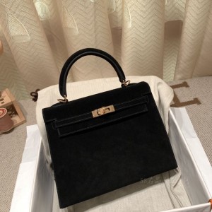 hermes kelly 25cm 凯莉包 麂皮 89黑色 玫瑰金扣(爱马仕黑色凯莉包价格)