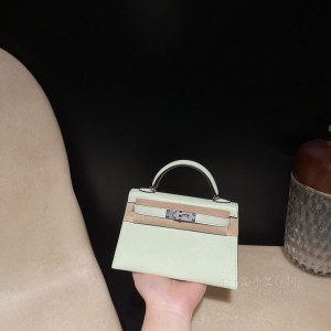 hermes mini kelly 19cm 二代 山羊皮Chevre 0S气泡绿 银扣