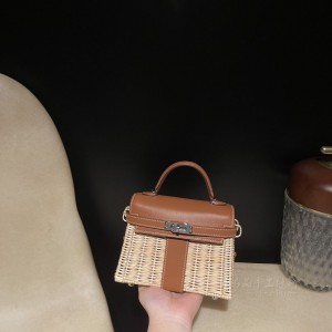 hermes kelly Picnic 野餐包 swift皮编藤条 37金棕 高仿