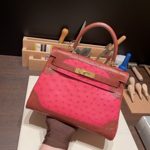 hermes kelly 28cm 凯莉包 南非KK鸵鸟皮ostrich 蕾丝 I6极致粉拼古铜色 金扣