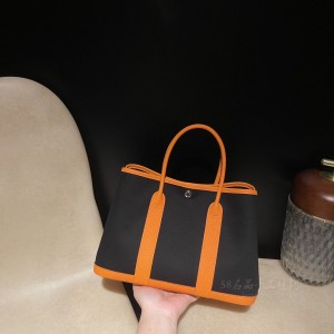 hermes Garden Party 30cm 花园包 帆布拼country皮 89黑色拼93橙色(爱马仕花园帆布包国内多少钱)