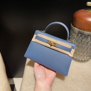 hermes mini kelly 19cm 二代 epsom皮 R2 玛瑙蓝 金扣(hermes mini lindy)